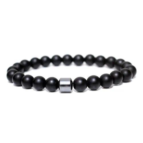 Matte Black Onyx Bead Bracelet with Steel Accent – Unisex Minimal Style