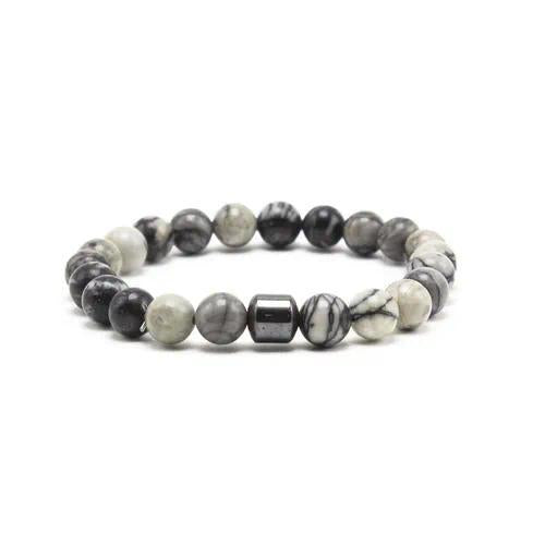 Black & Grey Marble Stone Bead Bracelet with Steel Accent – Unisex