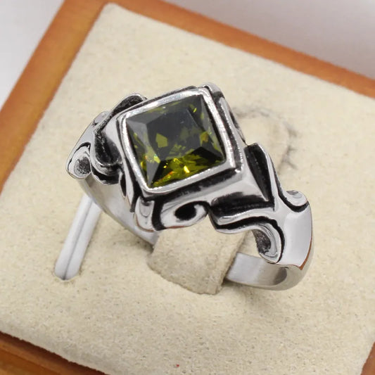 Men's Olive Green Stone Signet Ring | Antique Gothic Silver Band