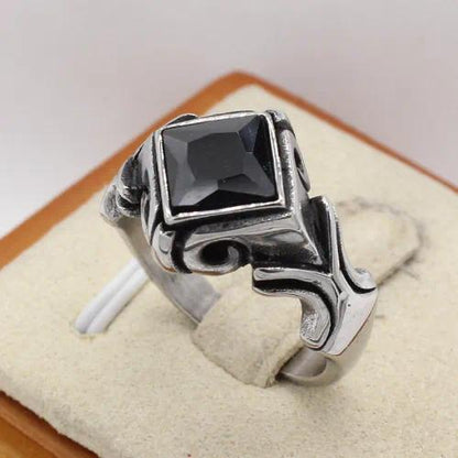 Men's Black Onyx Square Signet Ring with Gothic Scrollwork