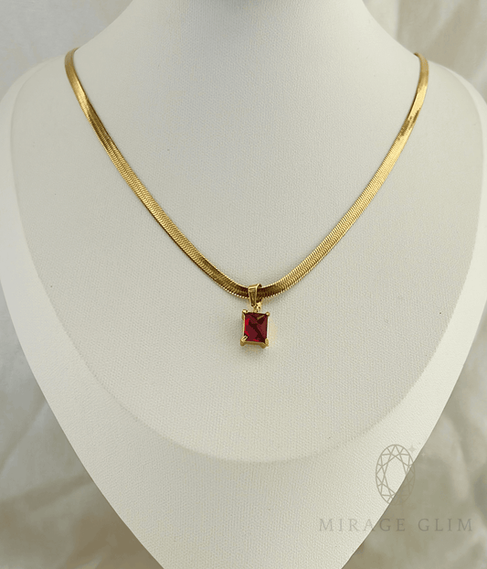 snake chain necklace with ruby-red square pendant