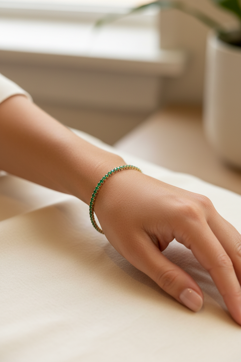 Hand wearing a green bracelet on a light surface