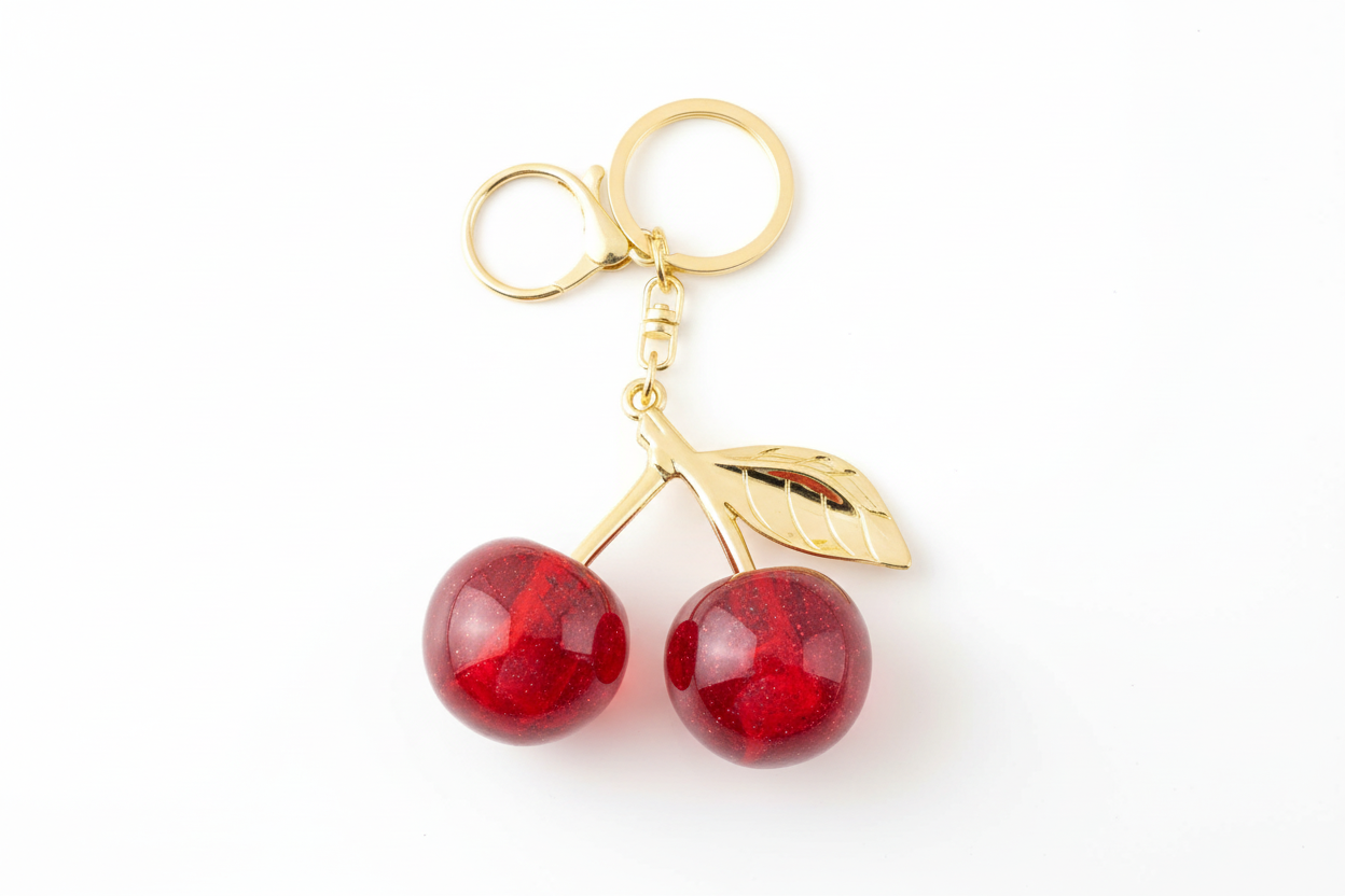 Sparkly Red Cherry Keychain with Gold Leaf